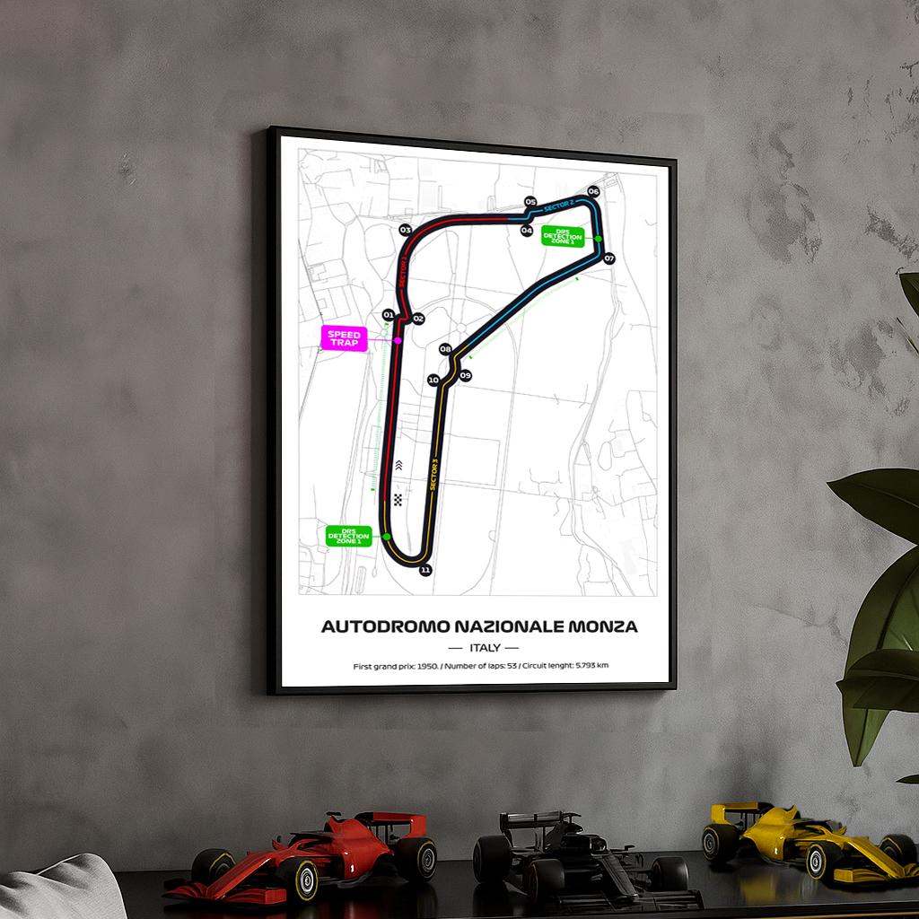 Framed Monza F1 Track Poster: 2025 Grand Prix Circuit Map (50x70cm)