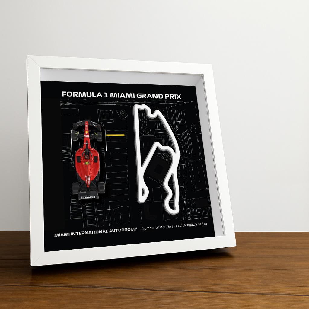 F1 Miami Framed Art: Plexiglass 3D Track with Formula One Car Model