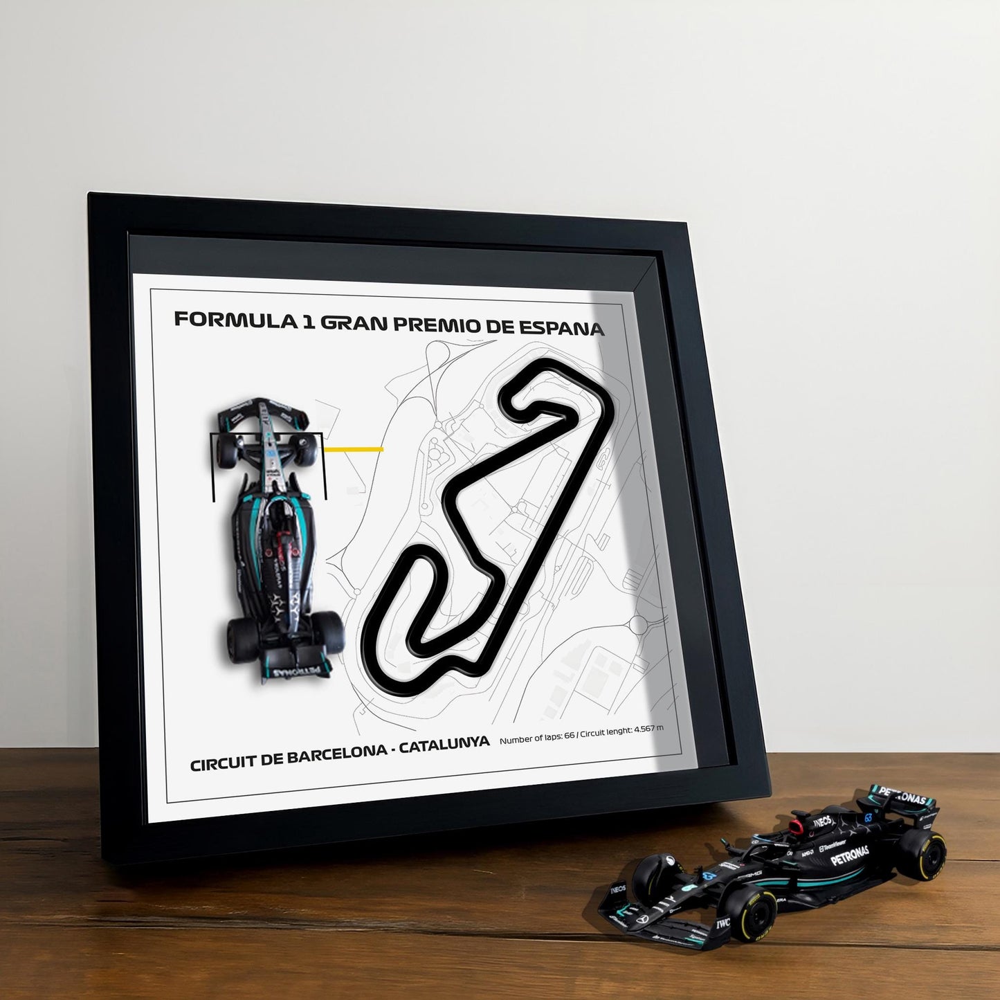F1 Barcelona - Catalunya Circuit Framed 3D Art: Plexiglass 3D Track with Formula One Car Model