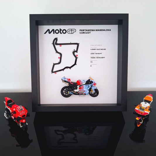 Mandalika Moto Circuit 3D Framed Track Wall Art with Motorcycle Model – Indonesia Racing Gift