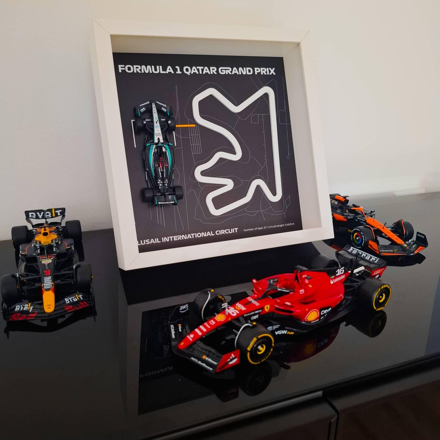 F1 Qatar - Lusail Circuit Framed Artwork: Plexiglass 3D Track with Formula One Car Model