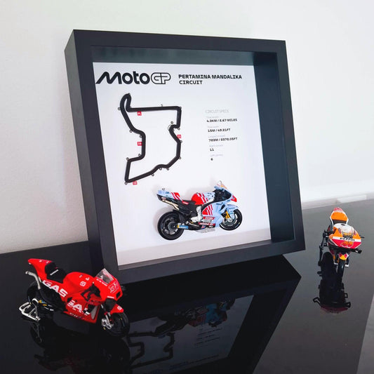 Mandalika Moto Circuit 3D Framed Track Wall Art with Motorcycle Model – Indonesia Racing Gift