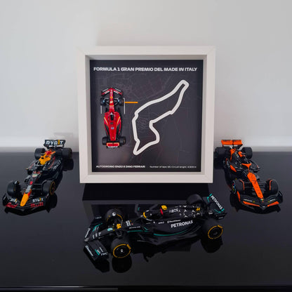 F1 Enzo E Dino Ferrari Circuit Framed Art: Plexiglass 3D Track with Formula One Car Model