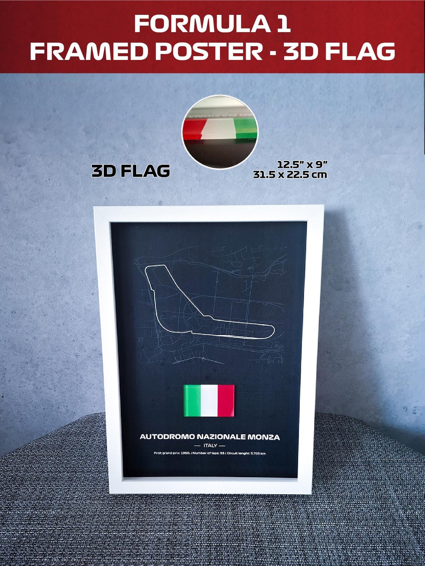 Framed Poster Monza Italy with 3D Flag - High-Quality Printed Background - 31,5 x 22,5cm Display - Formula 1 Gift