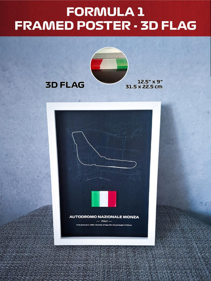 Framed Poster Monza Italy with 3D Flag - High-Quality Printed Background - 31,5 x 22,5cm Display - Formula 1 Gift